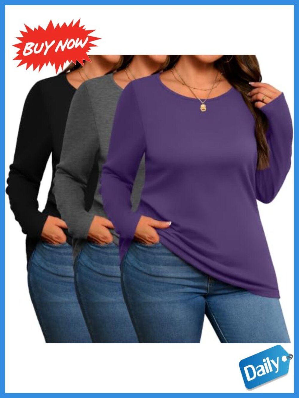 Plus Size Cotton Long Sleeve Tops 3 Pack Scoop Neck Shirts